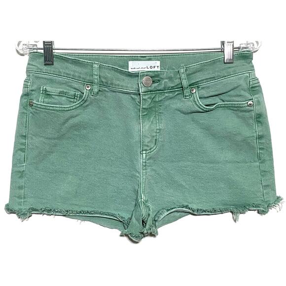 Loft Made and Loved Green Denim Shorts Frayed Cut Off Raw Fringe Womens 26 / 2 - Picture 1 of 7